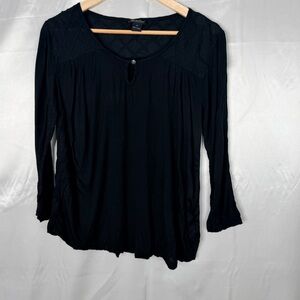 Lucky Brand Black Boho Top XL Quilted Detail Keyhole 3/4 Sleeve Blouse